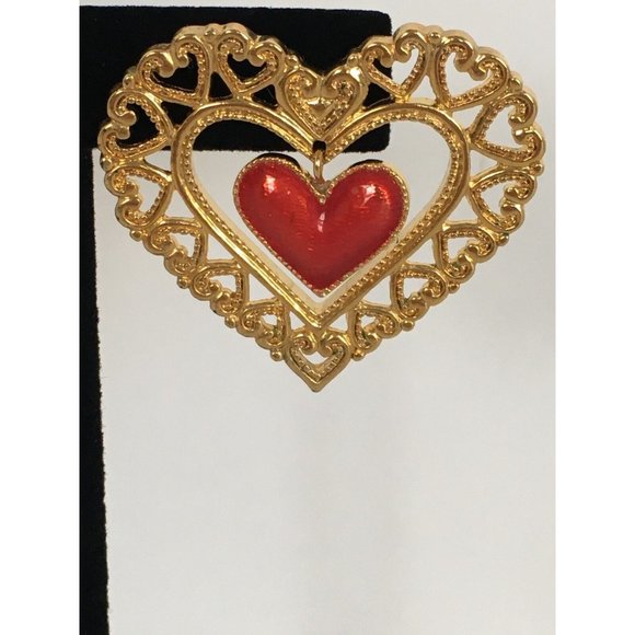 Avon Heart Lapel Pin Valentines Day Dangling Red Enamel Vintage Jewelry 1990s - Picture 2 of 7